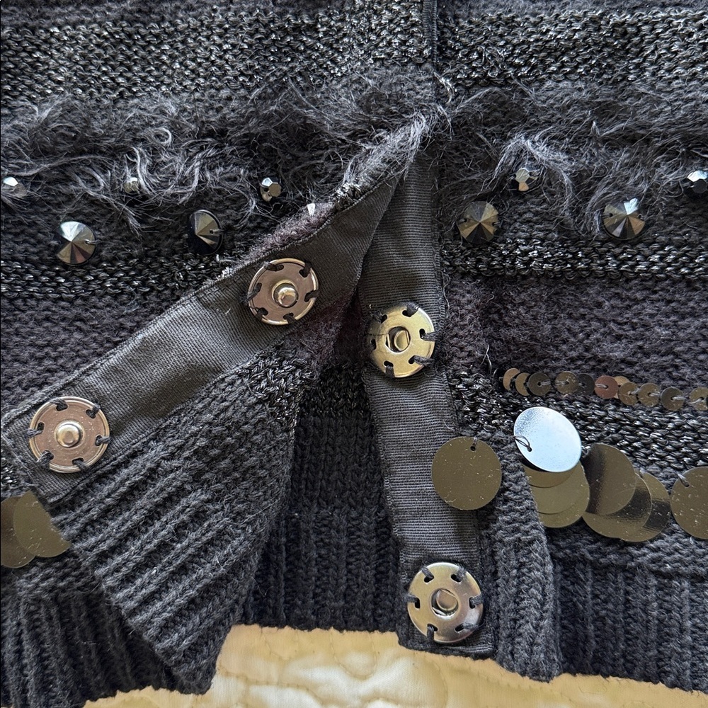 Ruby Rd Black Sequin & Bead Mixed Texture Cardigan Sweater Fuzzy Stripe Sz LG - Picture 8 of 12